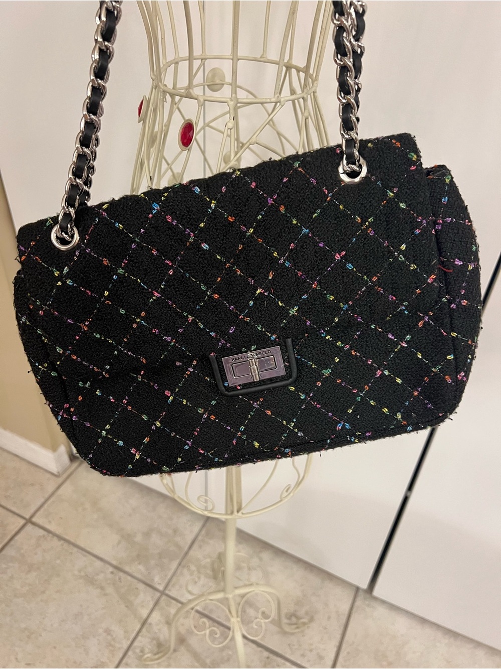 Black Quilted Tweed Chain Shoulder Bag with Multicolor Accents KARL LAGERFELD